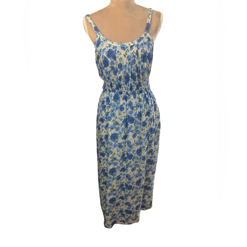 Tulle for Anthropologie Blue and White Floral Midi Dress with Ruched Waist - Picture 2 of 10